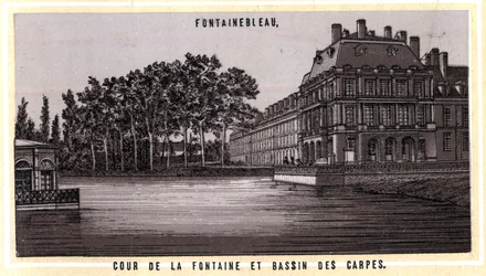 Hof des Brunnens und Karpfenteich von Fontainebleau (Seine und Marne, Region Île-de-France, Frankreich). Chromolithographie aus dem späten 19. Jahrhundert
