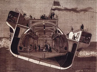 Querschnitt eines von Henry Bessemer (1813-1898) entworfenen Bootes gegen Seekrankheit. Gravur des 19. Jahrhunderts
