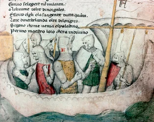 Kreuzfahrer auf einem Boot. Illustration zum toskanischen Gedicht „Febusso e Breusso“. Manuskript MS.B.R.45. 15. Jahrhundert. Florenz, Biblioteca Nazionale