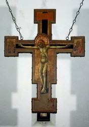 Kreuzigung. Anonyme Holzmalerei auf der Rückseite eines Kreuzes. 15. Jahrhundert Varazze, Cappella del Castello Invrea Italien