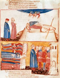 Dante und Virgil treffen die Seelen der gewaltsam Verstorbenen. Illustrierte Seite aus einem Gesang des Antipurgatoriums aus der „Göttlichen Komödie“ von Dante Alighieri