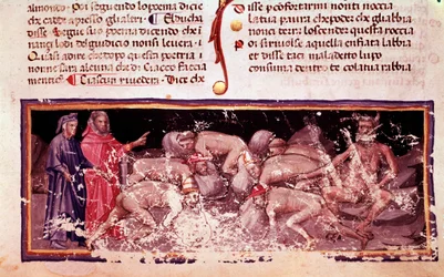 Dante und Virgil mit den Geizigen und Verschwendern (Gesang 7 aus der Hölle, in der Göttlichen Komödie) (Miniatur)