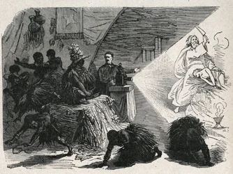 David Livingstone (1813-1873), schottischer Missionar und Entdecker mit der Zauberlaterne in Balonda.