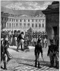 Degradierung von General Bonnaire, ehemaliger Soldat des Kaiserreichs, verurteilt wegen des versehentlichen Todes des Stabschefs von Ludwig XVIII. am 8. Juni 1816 am Fuße der Vendôme-Säule (Place Vendôme) in Paris