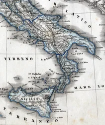 Detail einer geografischen Karte, die Süditalien darstellt (Regionen Kampanien, Kalabrien, Sizilien, Apulien, Molise, Abruzzen). 19. Jahrhundert
