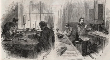 Diamantschleifen in einer Werkstatt in den Niederlanden: Spalter und Polierer - Gravur in „Le Monde Illustré“