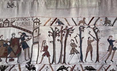 Herzog Wilhelm befahl den Bau von Schiffen, Bäume wurden gefällt - Teppich von Bayeux, bekannt als Stickerei der Königin Mathilde