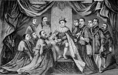 Eduard VI. (1547 -1553), König von England, gewährt ein Privileg durch Unterzeichnung einer Urkunde an Bridewell - nach Hans Holbein.