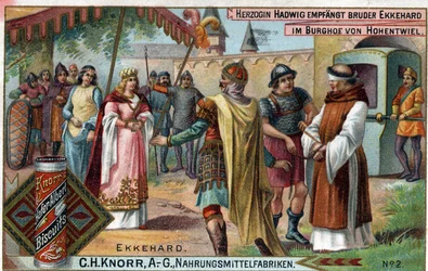 Ekkehard IV. von St. Gallen oder Eckhard, Eckhart (980-1057) Gelehrter und lateinischer Dichter. Herzogin Hadwig empfängt Bruder Ekkehard im Hof der Burg Hohentwiel. Verso: „Bruder Ekkehard, den die Herzogin in ihre Burg beauftragte...