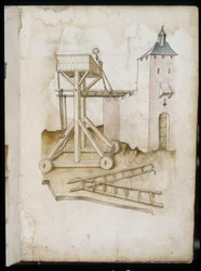 Hebesystem und Skalen - Manuskript: Pergamentblatt aus dem Handbuch eines Ingenieurs für den Bau ziviler, religiöser und militärischer Gebäude, anonym, Ende des 15. Jahrhunderts (Figur in chinesischer Tinte)