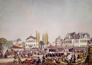 Kaiser Napoleon I. (1769-1821) inspiziert die Truppen in Frankfurt. Gravur von 1813