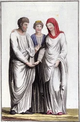 Verlobung oder Eheversprechen: dextrarum iunctio oder Vereinigung der rechten Hände. Gravur aus dem 19. Jahrhundert.