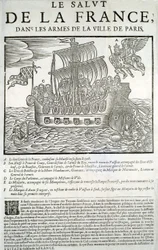 Holzschnitt. Mazarinade politisches Pamphlet: „Die Rettung Frankreichs in den Armen der Stadt Paris“ A - Der gute Geist Frankreichs, der seine Majestät (Louis XIII) in seiner königlichen Flotte verzehrt, B - Prinz de Conty, C - Herzog von Bouillon und de l