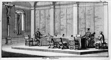 Gravur, die ein Verhör im Tribunal der Inquisition darstellt. 17. Jahrhundert