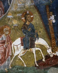 Einzug Christi in Jerusalem, Fresko (12. Jahrhundert), Ayios Nikolaos tis Steyis (Heiliger Nikolaus des Daches) (11. Jahrhundert) (Unesco-Welterbeliste, 2001), Troodos-Gebirge, Zypern (Detail)