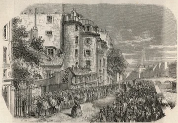 Eingang der Polizeipräfektur durch die Rue de Jerusalem an der Ecke des Quai des Orfevres in Paris im 19. Jahrhundert vor 1871 - Gravur in 