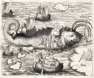 Episode der Legende von Saint Brandan: eine fantastische Reise des irischen Abtes des 6. Jahrhunderts auf der Suche nach dem irdischen Paradies. Druck von 1621