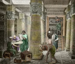 Gelehrte in der Bibliothek von Alexandria, zerstört 642, Ägypten) (Ansicht der Bibliothek von Alexandria, Ägypten) 19. Jahrhundert