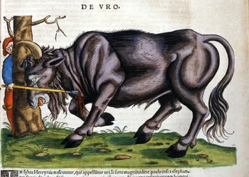 Europäischer Bison (Bos primigenius primigenius), dessen Rasse im 17. Jahrhundert ausstarb in „Historia Animalium“ von Konrad Gesner