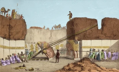 Ausgrabungen von Ninive - Die Ruinen von Nimrud von Henri Layard (nach seiner Reise nach Mesopotamien im 19. Jahrhundert); Ersatz des großen Flügelstiers - Der Versand eines geflügelten Stiers aus Nimrud während der Ausgrabungen von Sir Austen Henry