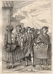 Weltumsegelung (1785-1788) von Jean Francois Galaup de La Perouse (1741-1788): Kostüme der Bewohner von Concepcion (Chile) - Illustration aus „Die großen Seefahrer des 18. Jahrhunderts“