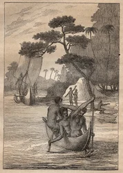Expedition von Nicolas Thomas Marion-Dufresne (Marion Dufresne) (1729-1772): Kanus von den Inseln der Admiraut (Bismarck-Archipel, Papua-Neuguinea) - Illustration aus „Die großen Seefahrer des 18. Jahrhunderts“