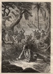 Expedition von Nicolas Thomas Marion-Dufresne (Marion Dufresne) (1729-1772): Der einzige überlebende Matrose bezeugt das Massaker an all seinen Kameraden, einschließlich Marion, durch die Eingeborenen der Assassins Bay (Matuaro-Insel, Neuseeland) - Illustr