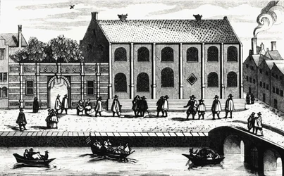 Außenansicht des Gebäudes der Universität Leiden, gegründet 1575 von Guillaume de Nassau. Gravur nach „Illustrium Hollandiae, etc, Ordinum, Alma academia Leydensis“