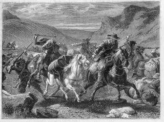 Falsche Salzschmuggler (Falsche Salzschmuggler) werden in einem Hinterhalt von den Soldaten des Königs angegriffen - in „Die Wunder der Industrie“ von Louis Figuier