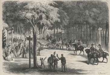 Familienaufenthalt in Fontainebleau: Ausflug ihrer Majestäten zu den Ruinen von Franchart. Eine Hochzeit begrüßt den Durchgang von Kaiser Napoleon III. (1808-1873) und seiner Familie. Gravur in „Das illustre Universum“