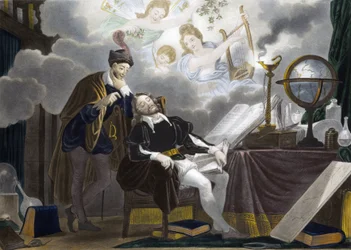 Faust und Mephistopheles - Faust wird von Mephistopheles versucht - Gravur