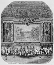 Fest von Ludwig XIV, von Herzog von Saint Aignan (Komödie in Musik, gespielt im Park von Versailles) Gravur