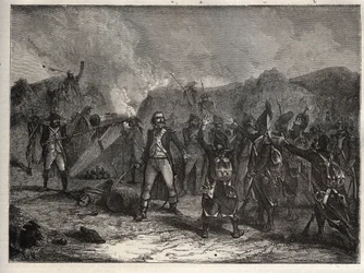 Erste Koalition: Oberst Antoine Guillaume Rampon (1759-1842) in der Schlacht von Montenotte am 12. April 1796, während des Italienfeldzugs, der die französischen Truppen von Napoleon Bonaparte gegen die österreichischen und sardischen Armeen stellte - Fran