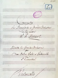 Erste Seite der Partitur für Klavierkonzert und großes Orchester in d-Moll von Mozart, Lichtenthal-Version (19. Jahrhundert)