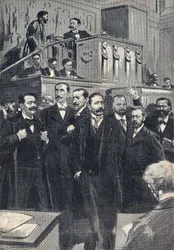 Erste Sitzung der Abgeordnetenkammer, gewählt 1898: Paul Deschanel (1855-1922), Präsident der Abgeordnetenkammer. Paul Adolphe Granier de Cassagnac (1842-1904), Lucien Millevoye (1850-1918), Paul Deroulede (1846-1914), Jacques Piou (1838-1932), Eugen.