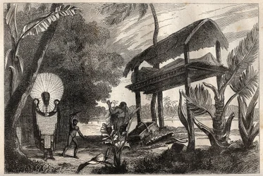 Erste Reise (1768-1771) von Kapitän James Cook (1728-1779): ein Fia-Toka, Begräbnisgebäude von Tahiti - Illustration aus „Die großen Seefahrer des 18. Jahrhunderts“