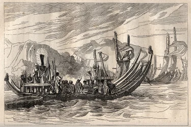 Erste Reise (1768-1771) von Kapitän James Cook (1728-1779): die Tahiti-Flotte versammelt sich in Oparee - Illustration aus „Die großen Seefahrer des 18. Jahrhunderts“
