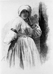 Folklore: Frau in traditioneller Tracht von Piana degli Albanesi. Sizilien, Gravur des 19. Jahrhunderts