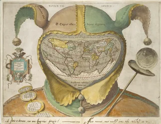 Narrenmützen-Weltkarte, ca. 1590 (handkolorierte Gravur auf cremefarbenem Papier, mit Inschriften in Eisengallustinte)
