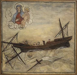 Ehemaliges Votivbild (ex voto) eines Seemanns, beliebtes Opfer als Zeichen der Hingabe und Dankbarkeit des Seemanns, der die Gefahren des Meeres überlebt hat, aus der Kirche von Carmine, Torre del Greco, in der Nähe von Neapel
