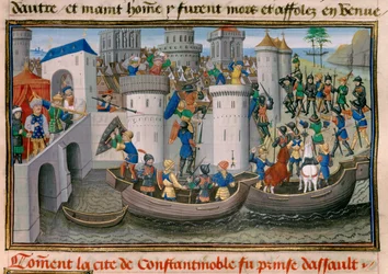 Vierter Kreuzzug: Ansicht der Einnahme Konstantinopels durch die Kreuzfahrer 1203-1204. Miniatur aus der „Chronique abrégée“ von David Aubert