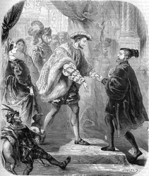 Franz I., König von Frankreich (1494-1547) und Karl V. (1500-1558) trafen sich im Schloss von Chatellerault im Januar 1540. In „Histoire populaire de la France“, ca. 1885. Gravur.