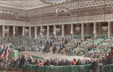 Französische Revolution - Die Nationalversammlung verzichtet auf alle Privilegien, 4. August 1789, gestochen von Helman - in Versailles, Sitzung in der Nacht vom 4. auf den 5. August 1789