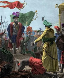 Von Vasco de Gama nach Calicut (heutiges Kozhikode) in Indien im Jahr 1498. Gravur 1817