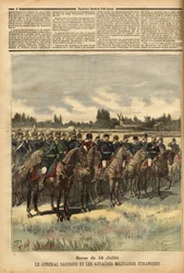 General Felix Gustave Saussier (1828-1905), Militärgouverneur von Paris seit 1884, umgeben von ausländischen Militärs, überprüft die Truppen während der Parade am 14. Juli 1891 in der Ebene des Bois de Boulogne. Gravur in „Le petit journal“