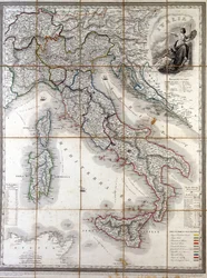 Geografische Karte Italiens von 1850 mit der Abgrenzung der Grenzen der verschiedenen Staaten, die das Land vor dem Risorgimento bildeten.