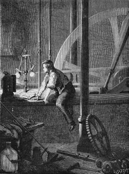 George Stephenson, Lokführer und Arbeiter in Newcastle, zerlegt und repariert seine Dampfmaschine. In „Album de la Science“, Éditions Jouvet