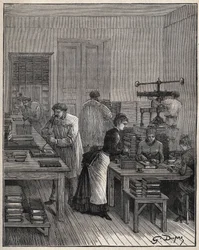 Vergoldung von Büchern (Einbänden) in Eisen in einer Werkstatt in Frankreich im 19. Jahrhundert. Gravur von 1885 in „Les arts et metiers illustres“ von Adolphe BITARD