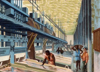 Goldbergbau. Das im Gefäß zerkleinerte Erz wird mit reichlich Wasser gewaschen und läuft dann über die Kupferplatten, um das Gold von den anderen Materialien zu trennen. Chromolithografie aus dem späten 19. Jahrhundert.