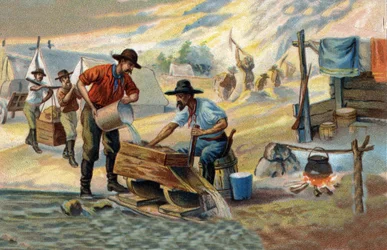 Goldsucher: Methode des Waschens von einheimischem Gold, das von Steinen und Sand getrennt wird. Chromolithographie aus dem späten 19. Jahrhundert.